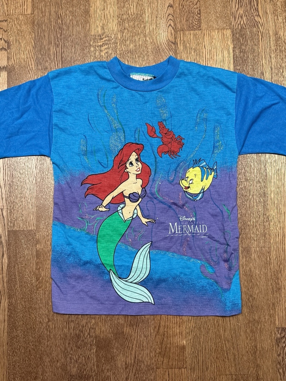 Vintage 80s 90s Little Mermaid Disney Blue Gold Glitter T Shirt Kids Medium